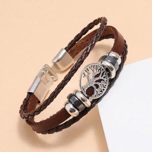 Mens Tree of Life Bracelet Brown Leather